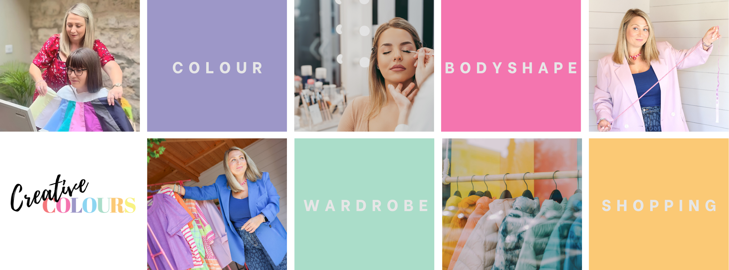 Collage showing Hazel’s services including personal styling, colour analysis, body shape consultation, and makeup lessons