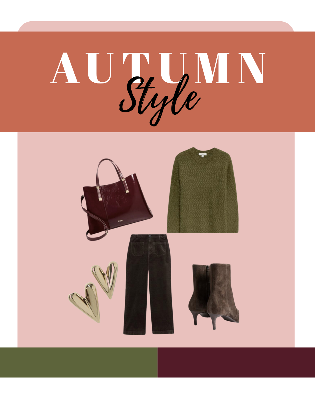 Autumn seasonal color analysis lookbook with warm, deep, and muted shades such as olive, rust, and golden brown.