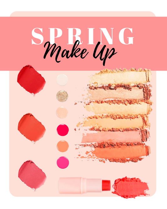 Spring seasonal makeup lookbook with warm, fresh tones—peach blush, coral lipstick, and golden shimmer for light, radiant looks.