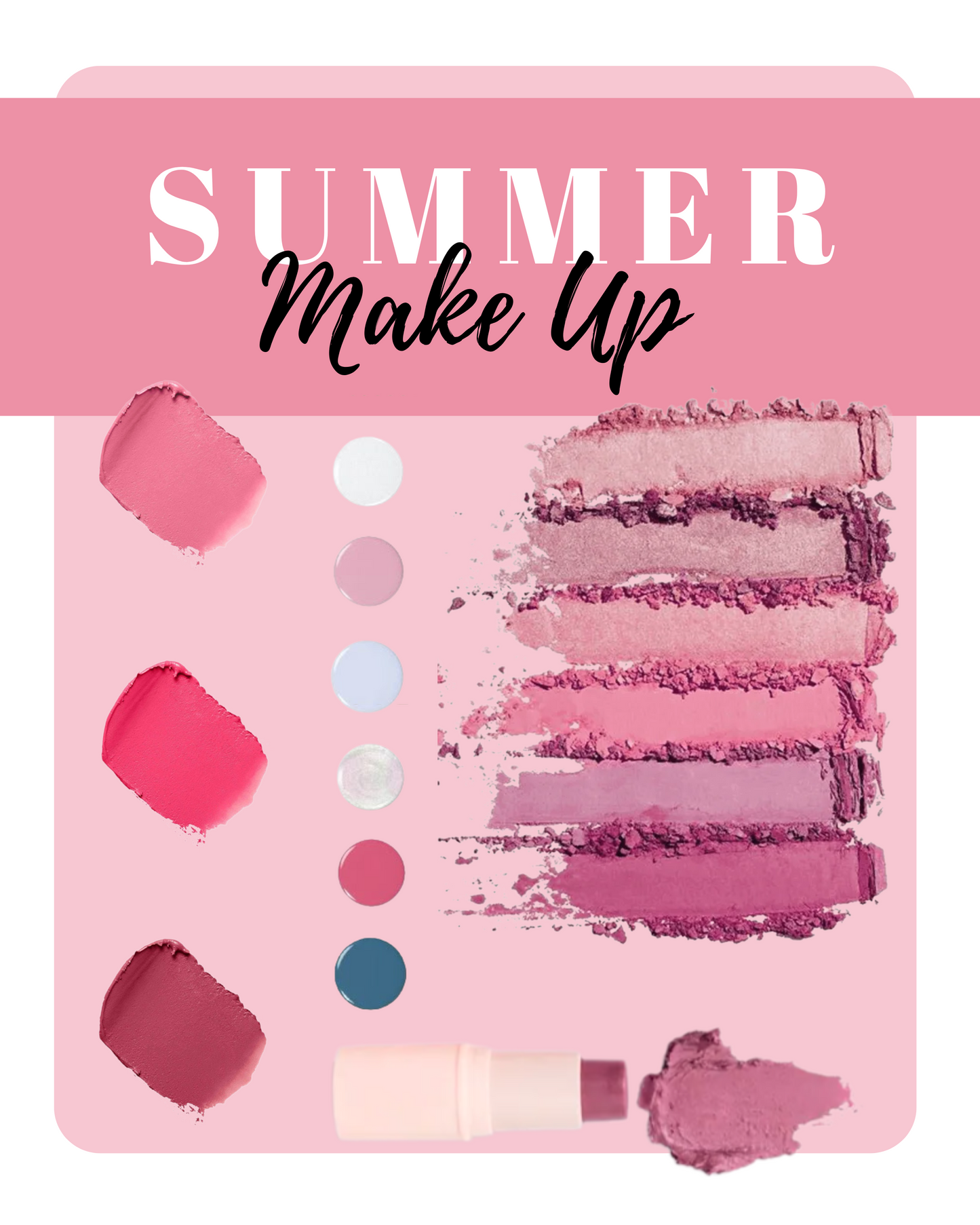Summer seasonal makeup lookbook featuring soft, cool shades—rose blush, mauve lipstick, and smoky pastel eyeshadow for a delicate finish
